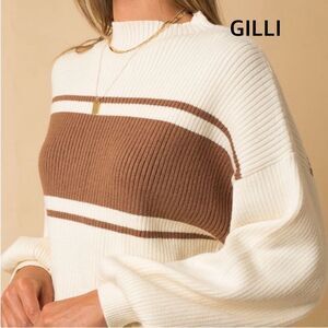 New Gilli Ivory Brown Stripe Mock Sweater
